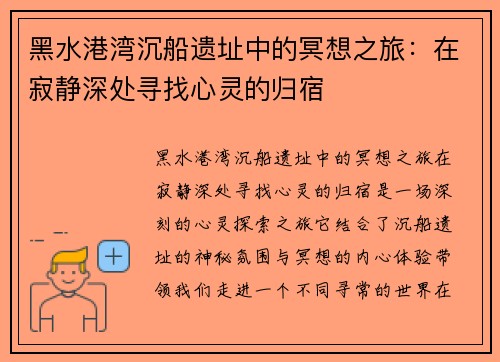 黑水港湾沉船遗址中的冥想之旅：在寂静深处寻找心灵的归宿